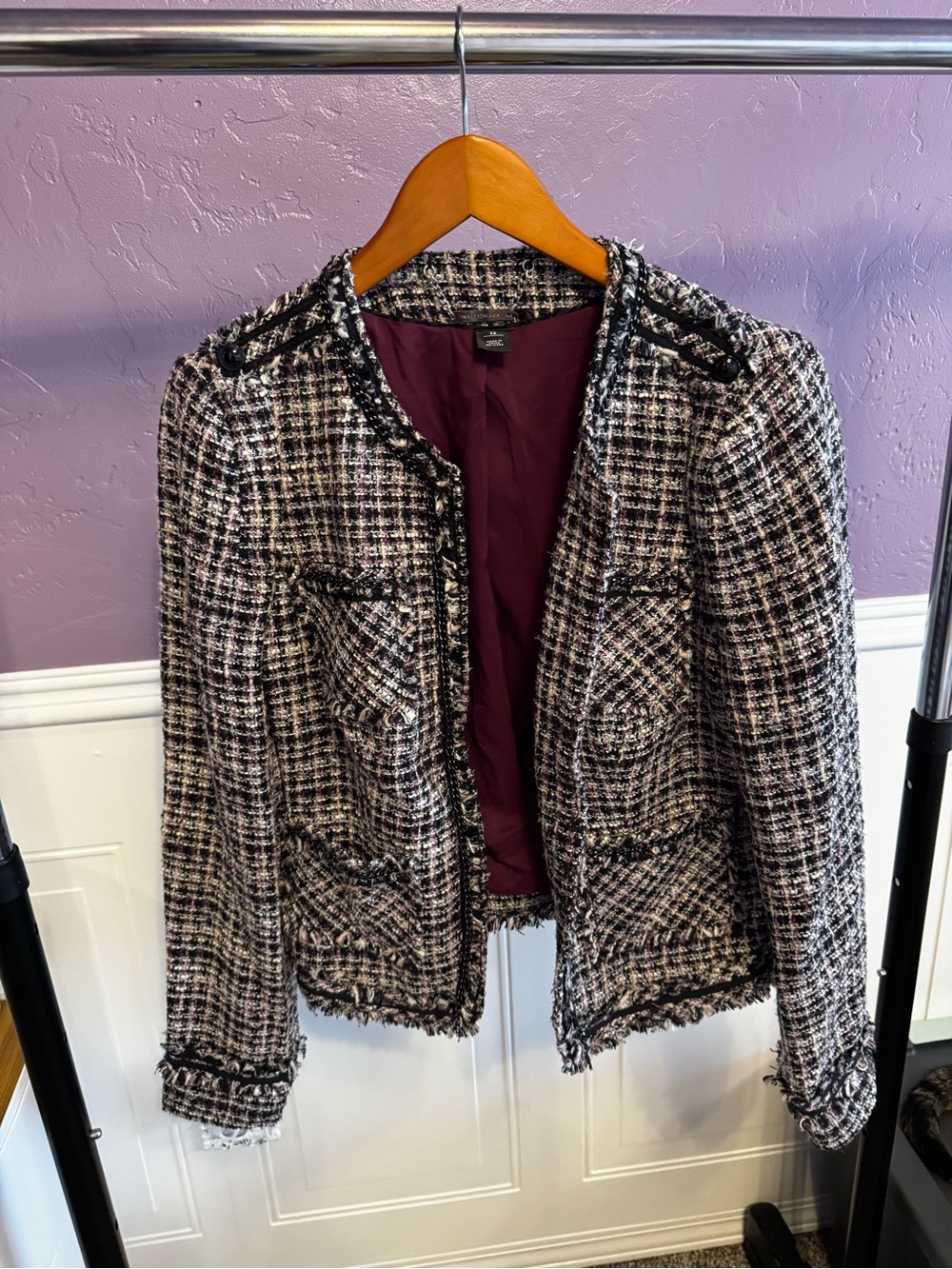 White House Black Market Black & White Tweed Fringe Blazer